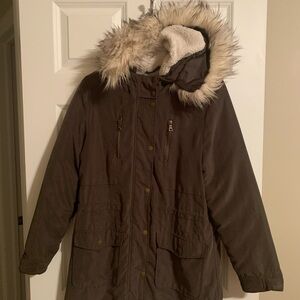 CoffeeShop Dark Olive Color Parka with Faux Fur Hood